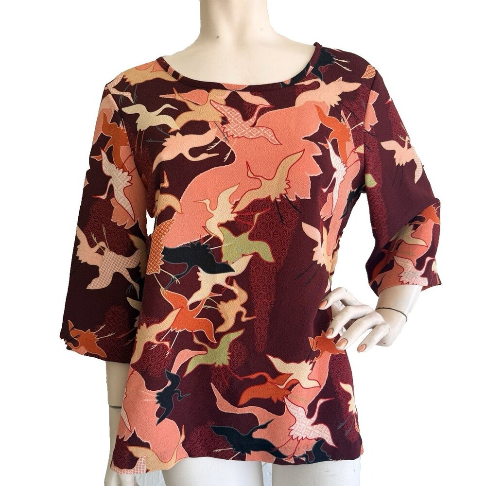 AIMEE D PETITES Hawaii Tunic Top Asian Crane Print Art to Wear Blouse Size PM